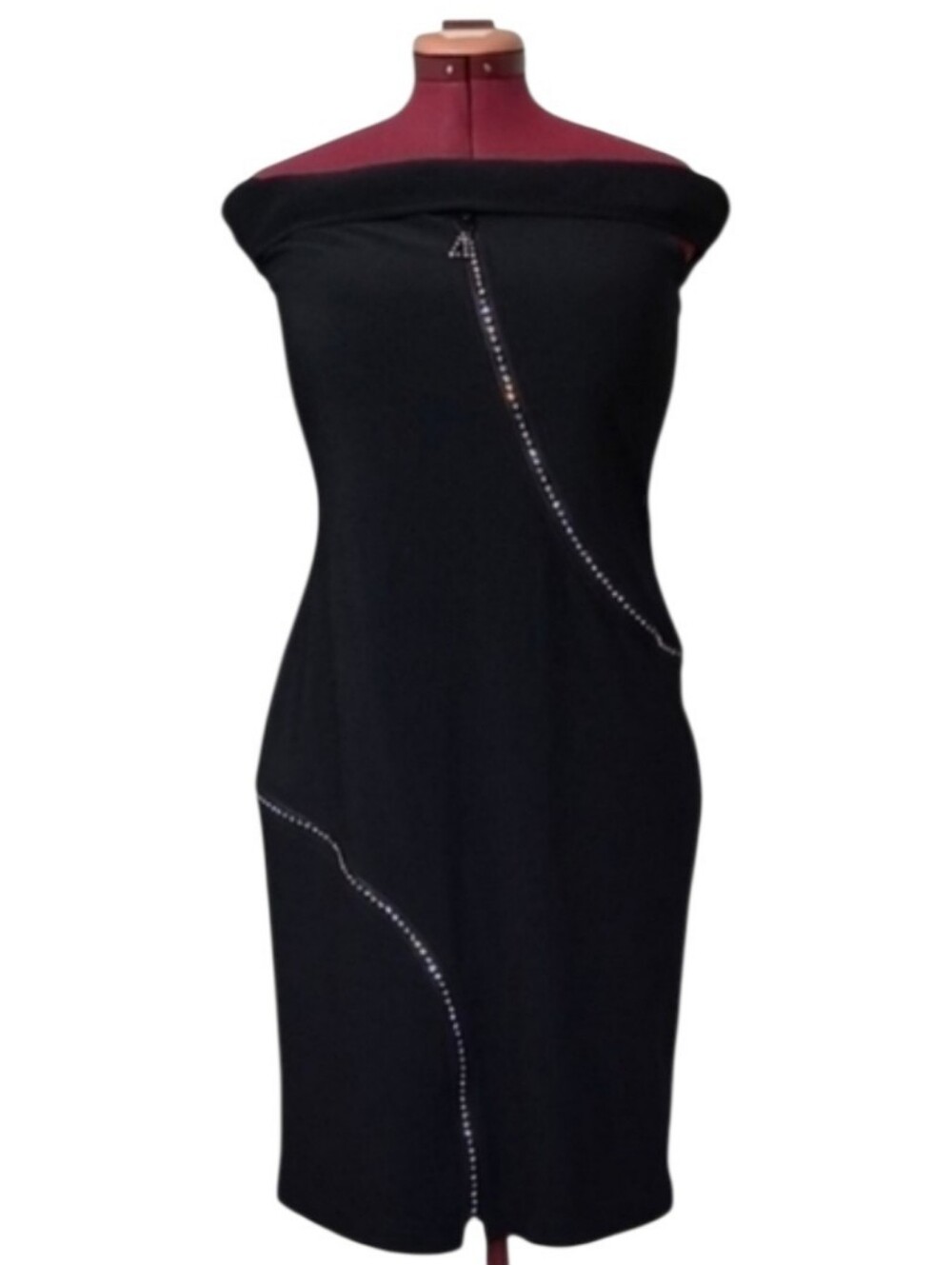 Joseph Ribkoff Jeweled Zipper Black Off-Shoulder Cocktail Dress Sexy